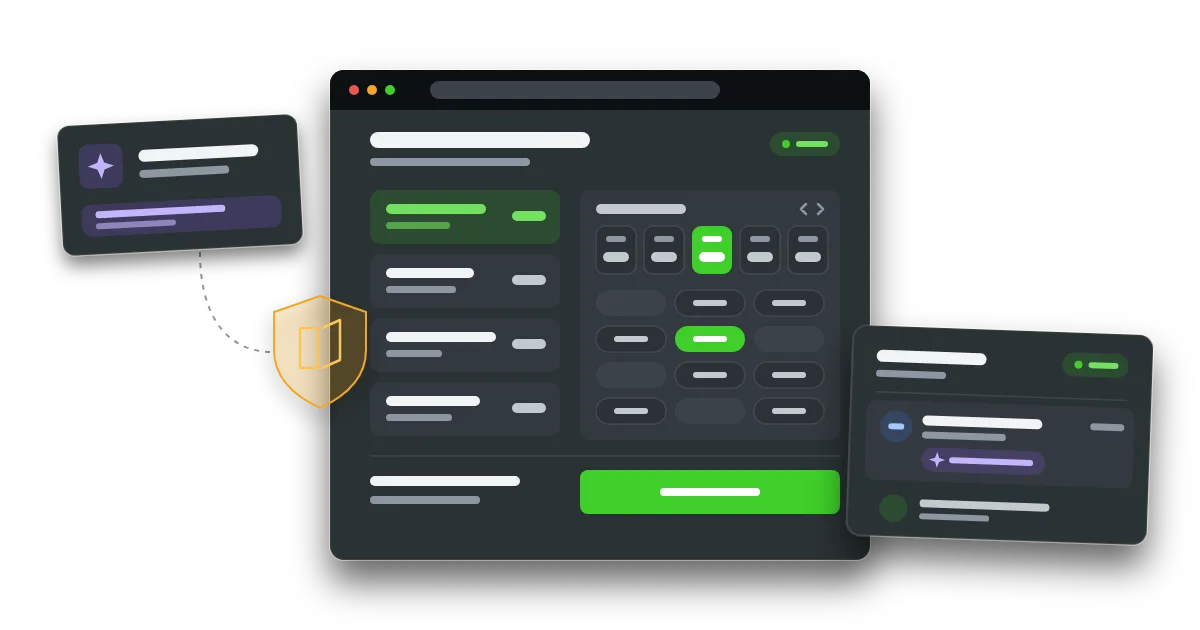 A salon booking page with open time slots and a green confirm button, an AI assistant card passing a half-open shield gate, and a CRM lead tagged AI.