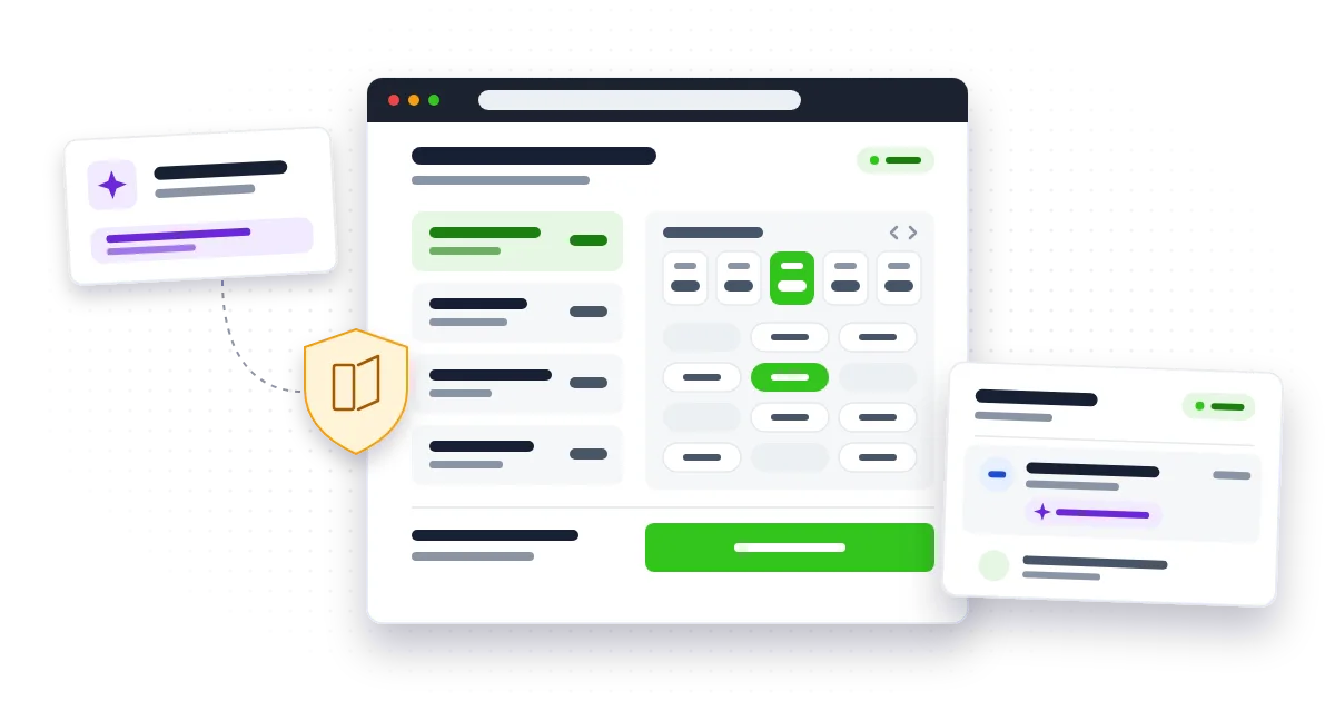 A salon booking page with open time slots and a green confirm button, an AI assistant card passing a half-open shield gate, and a CRM lead tagged AI.