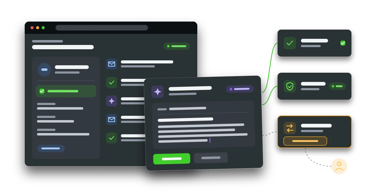 A CRM window with an AI panel drafting a follow-up email, beside checks for consent, an authenticated domain and a hand-to-team button.