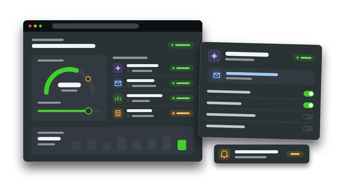 An admin dashboard with an AI spending gauge and limit slider, a list of AI tools with owners, and an AI agent card with an email and permission toggles.