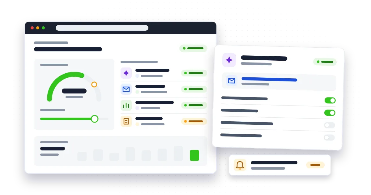 An admin dashboard with an AI spending gauge and limit slider, a list of AI tools with owners, and an AI agent card with an email and permission toggles.