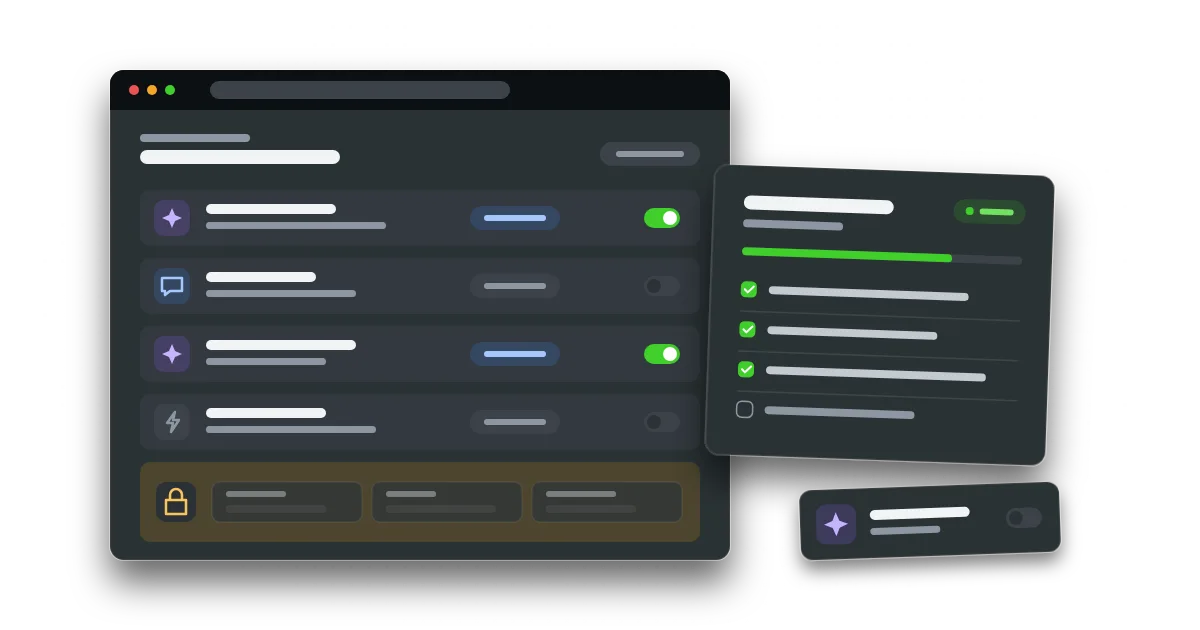 A CRM settings window listing AI connectors with toggles, a padlocked group of sensitive fields, and a checklist card mostly ticked off.