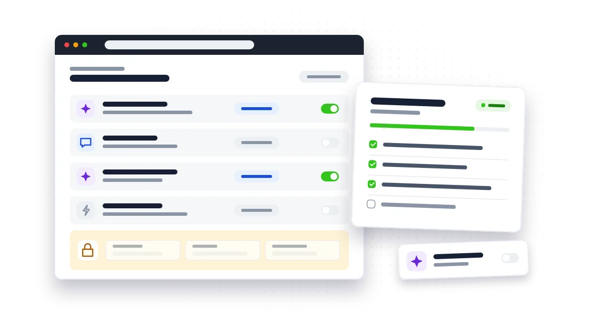 A CRM settings window listing AI connectors with toggles, a padlocked group of sensitive fields, and a checklist card mostly ticked off.