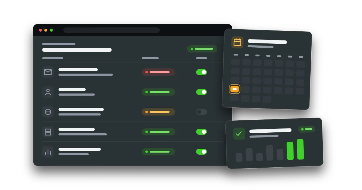 A system inventory dashboard listing five business systems with green, amber and red support badges, MFA toggles and a calendar marking a deadline.