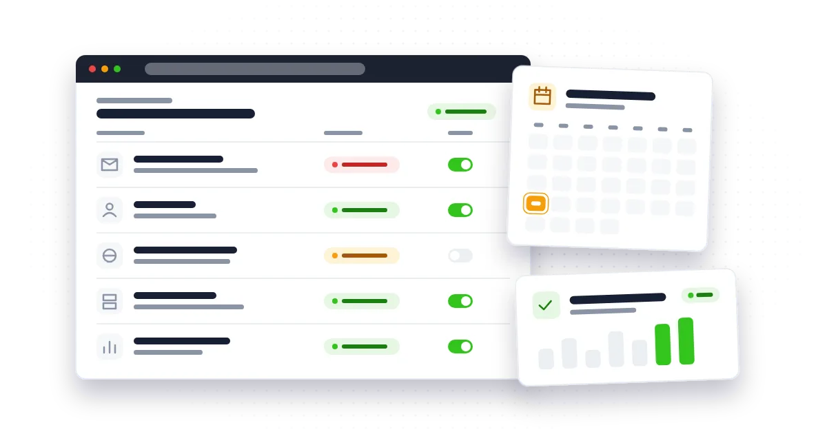A system inventory dashboard listing five business systems with green, amber and red support badges, MFA toggles and a calendar marking a deadline.