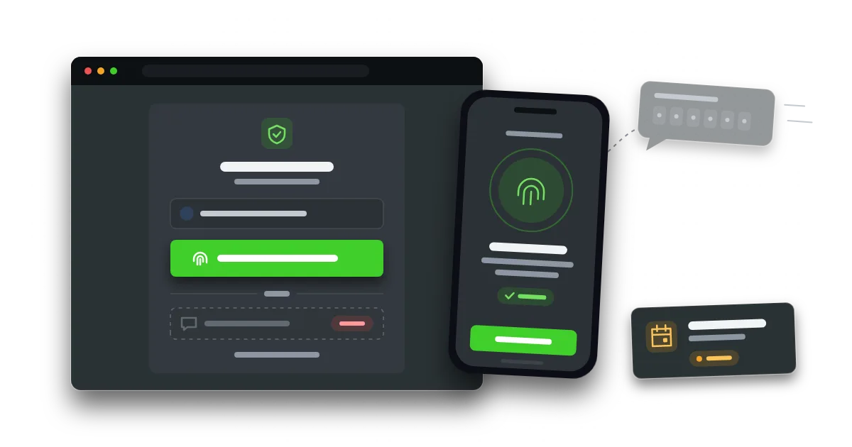 A sign-in window and phone with a big green fingerprint passkey button, a faded text-code bubble drifting away and an amber deadline calendar card.