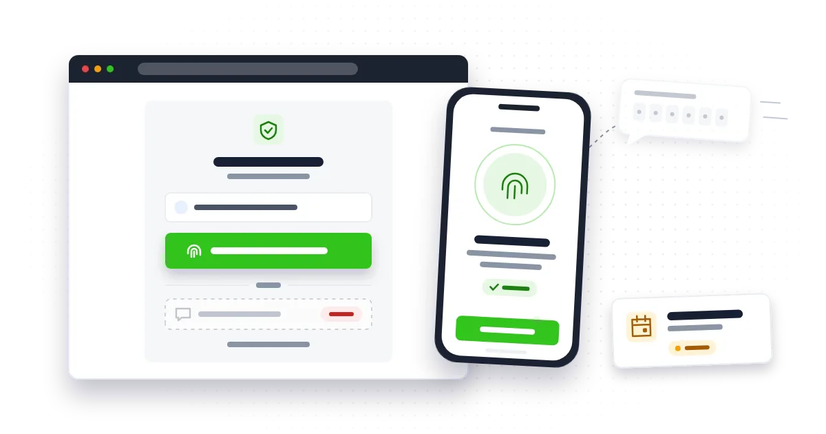 A sign-in window and phone with a big green fingerprint passkey button, a faded text-code bubble drifting away and an amber deadline calendar card.