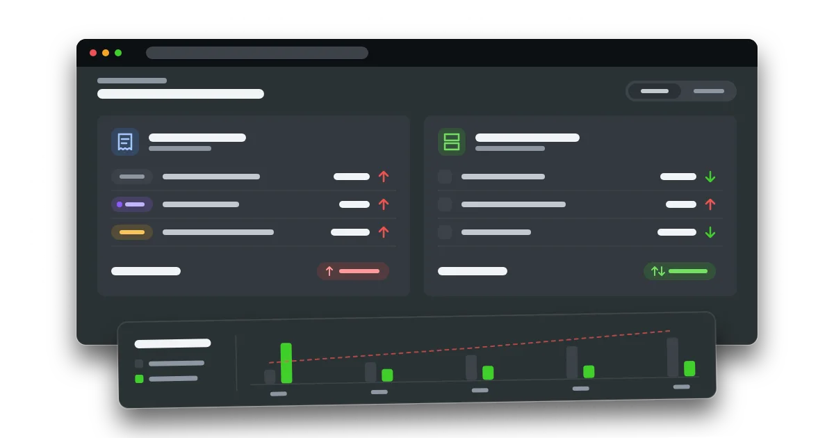 A cost dashboard comparing a SaaS bill with rising add-on lines against custom running costs moving up and down, over a five-year bar timeline.