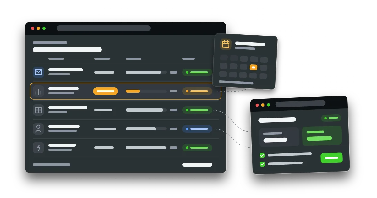 A software renewal dashboard listing subscriptions with seat usage and keep, cut back and build tags, a renewal calendar and a small custom portal.