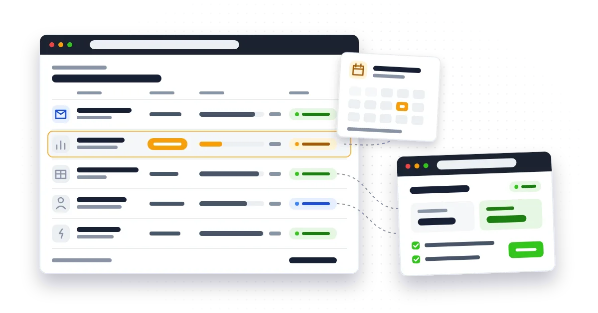 A software renewal dashboard listing subscriptions with seat usage and keep, cut back and build tags, a renewal calendar and a small custom portal.
