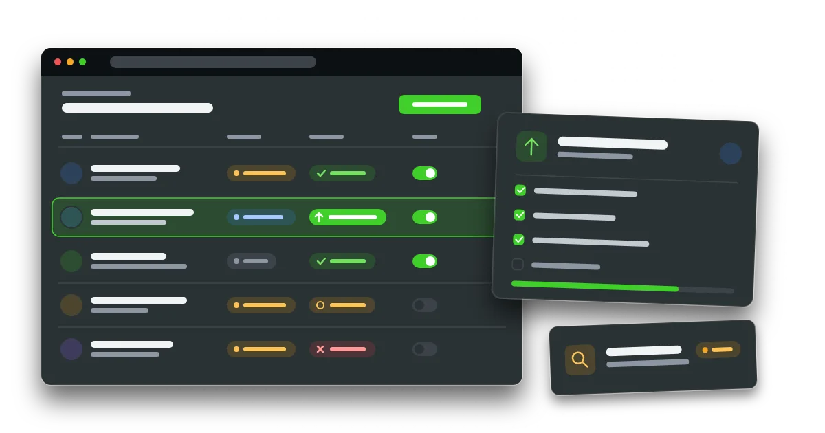 An AI tools register listing staff-built helpers with owners, data badges, approval pills and toggles, one row highlighted for promotion.