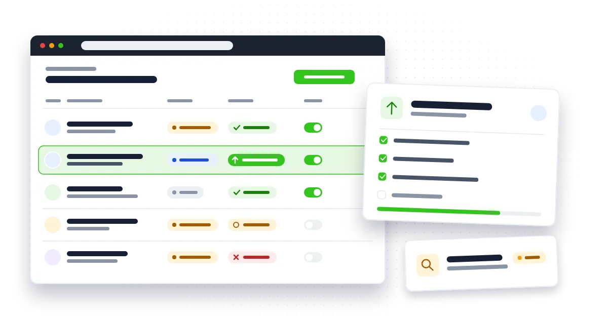 An AI tools register listing staff-built helpers with owners, data badges, approval pills and toggles, one row highlighted for promotion.