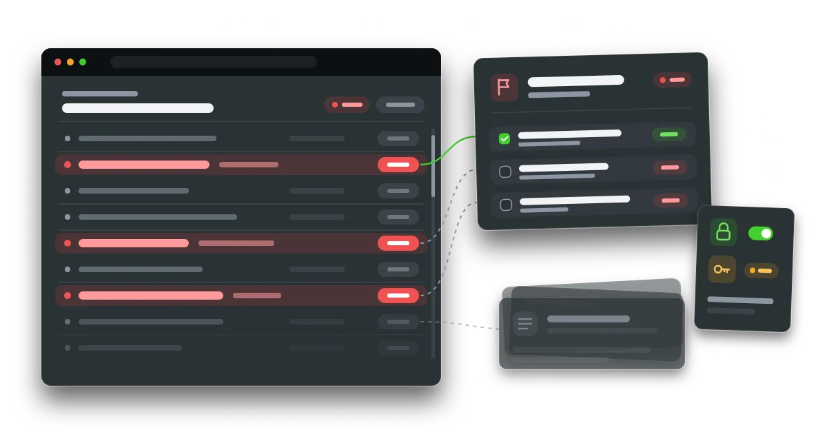 A code review dashboard: three red findings move into a short fix-first list, the rest fade into a grey pile, beside padlock and key checks.