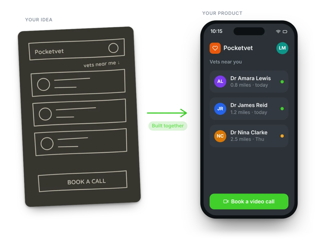 A founder’s paper sketch next to the app built from it