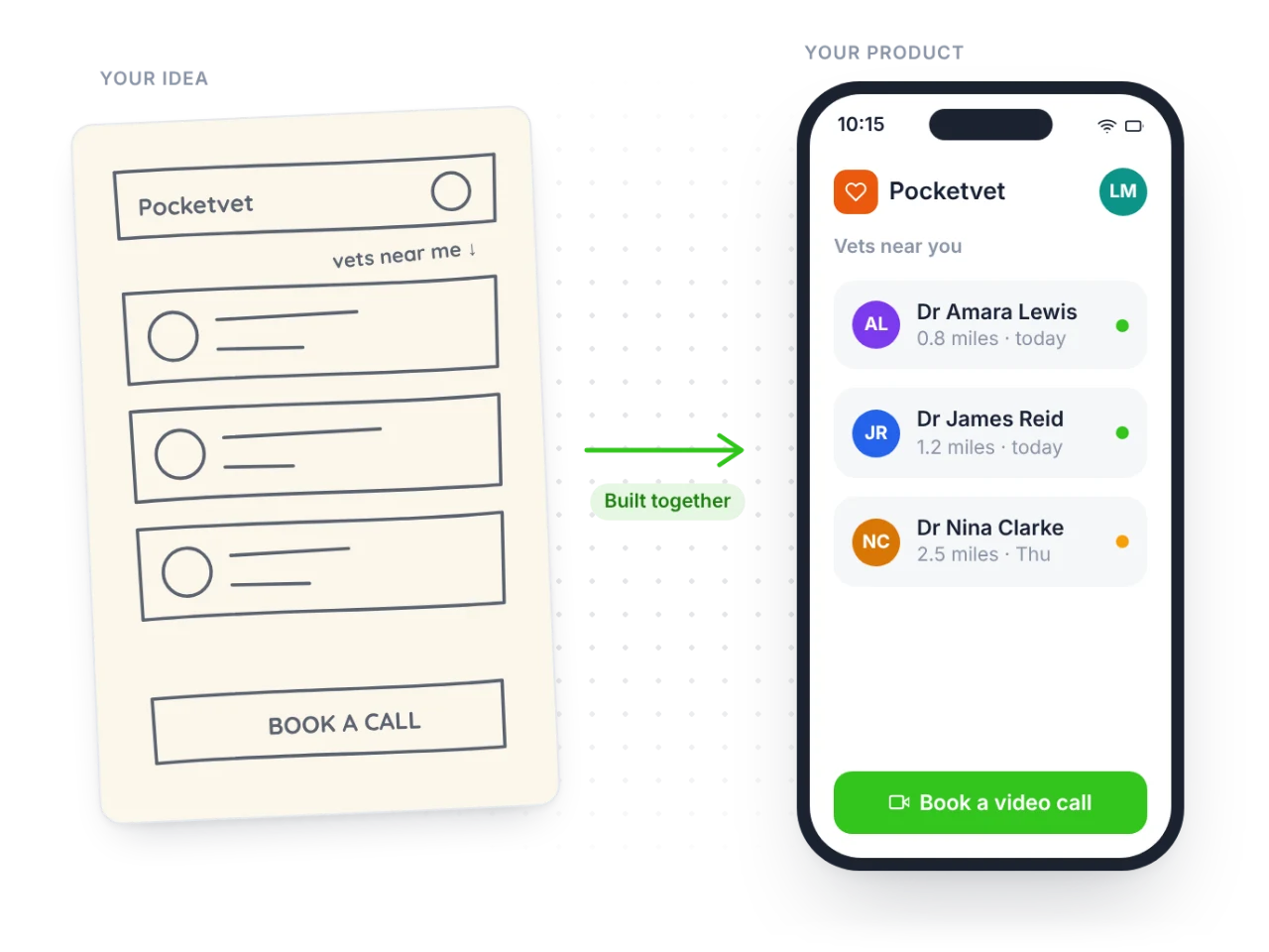 A founder’s paper sketch next to the app built from it