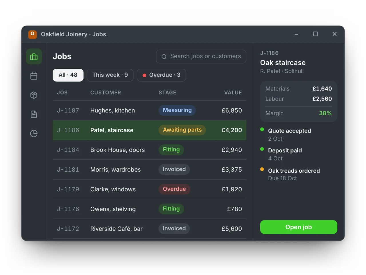A joinery firm’s jobs system showing job stages, values and details