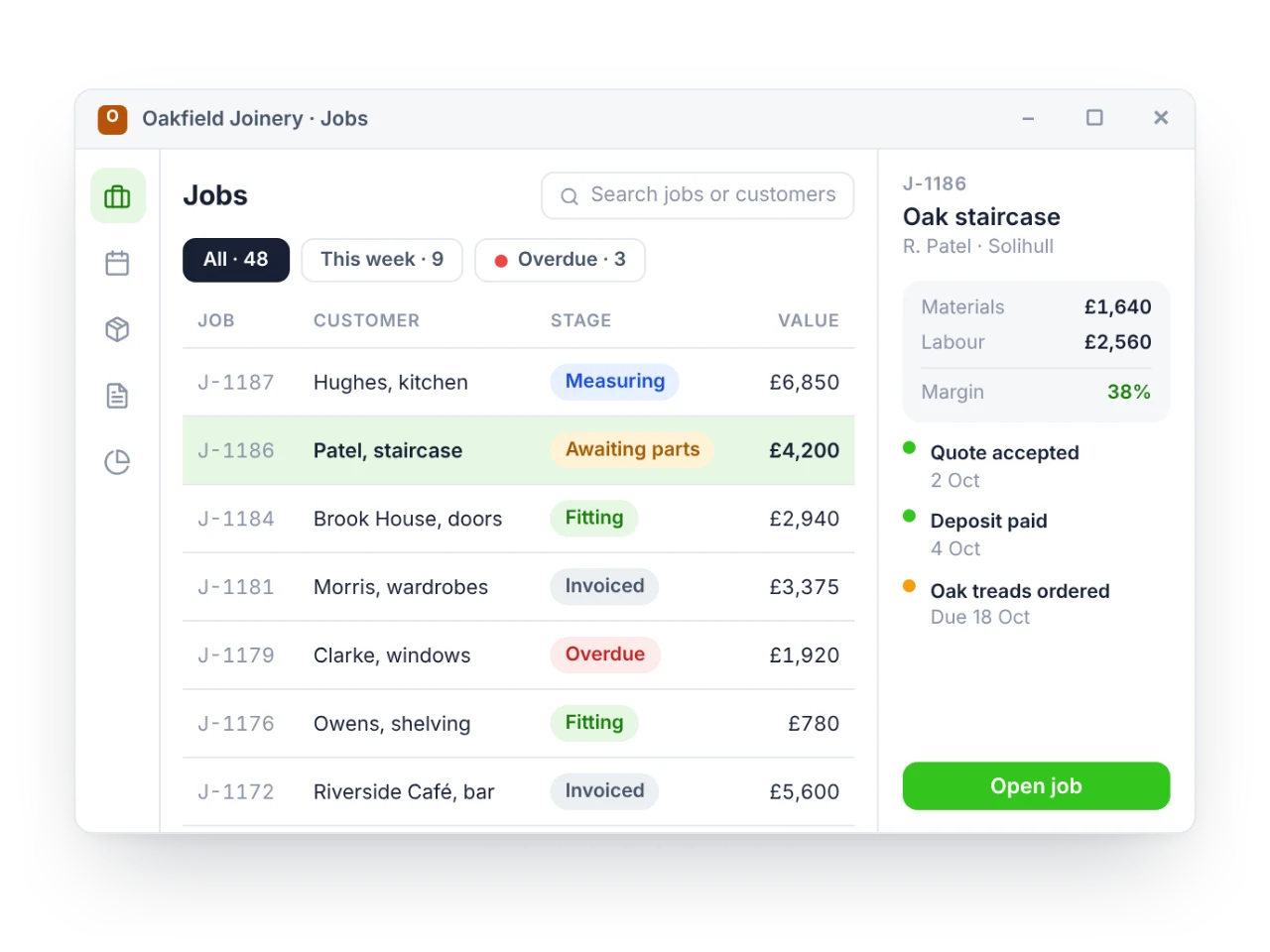 A joinery firm’s jobs system showing job stages, values and details