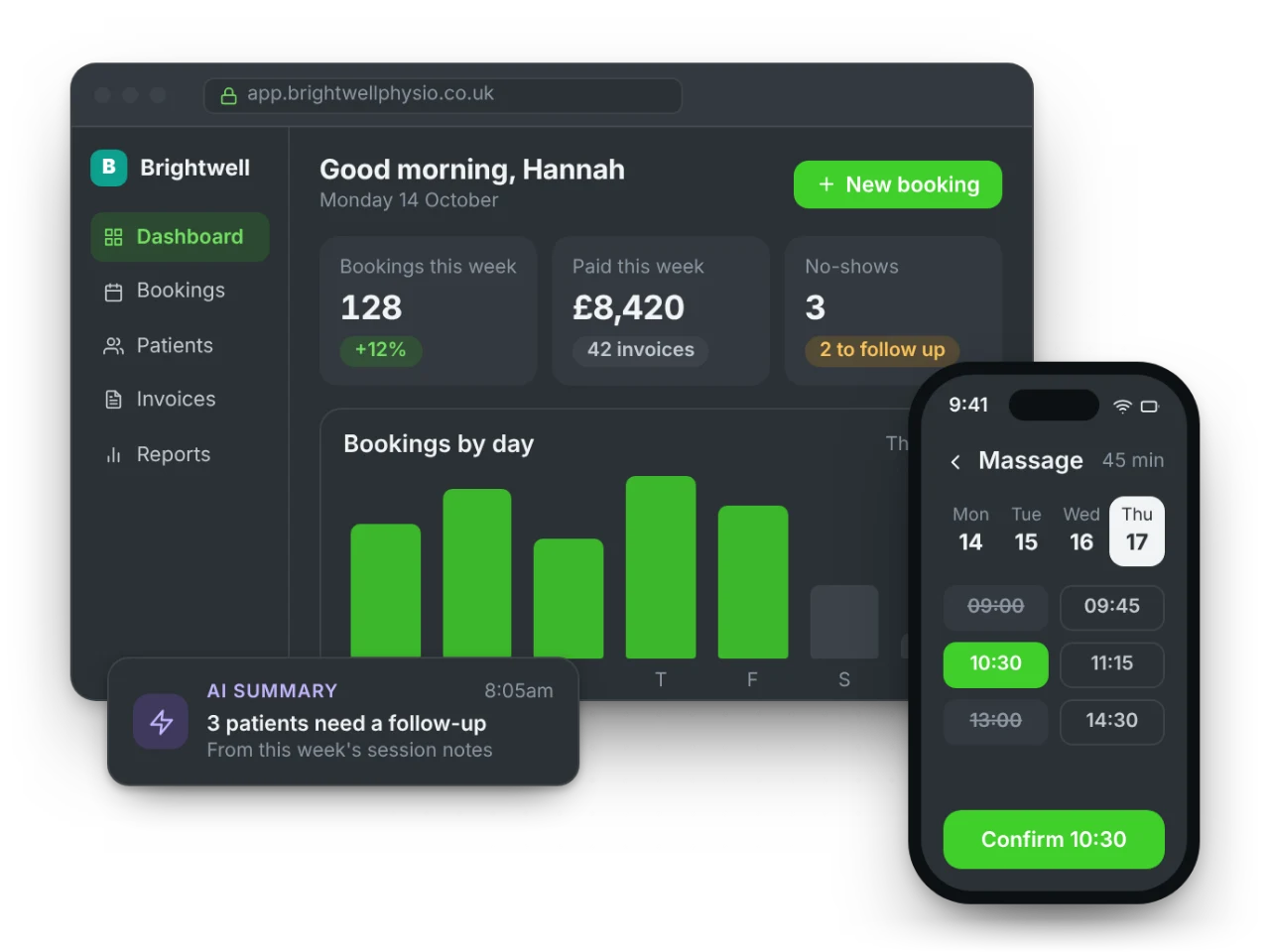 A bookings dashboard on a laptop and phone, with an AI summary of who needs a follow-up