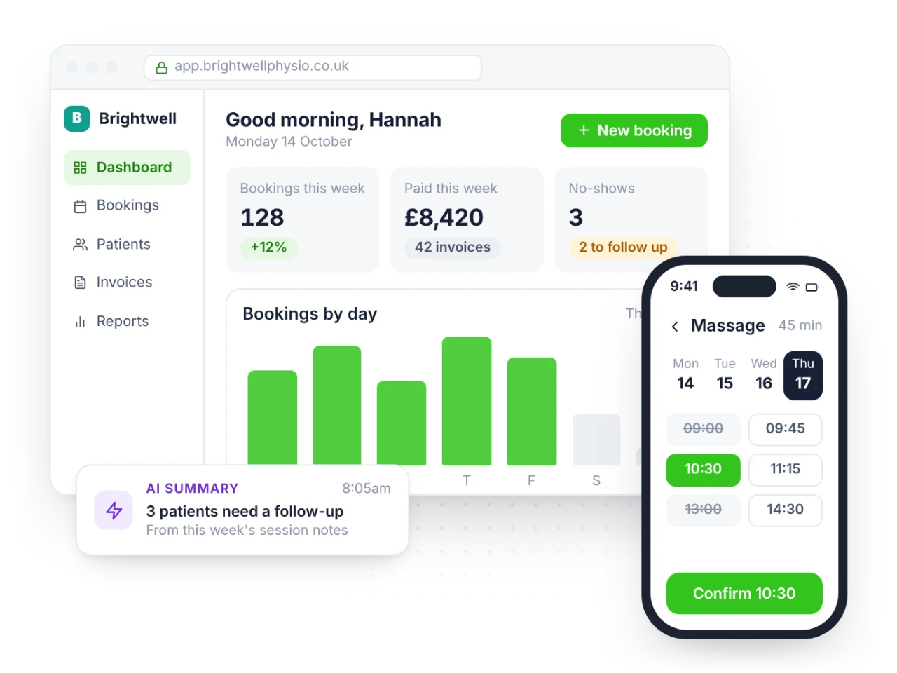 A bookings dashboard on a laptop and phone, with an AI summary of who needs a follow-up