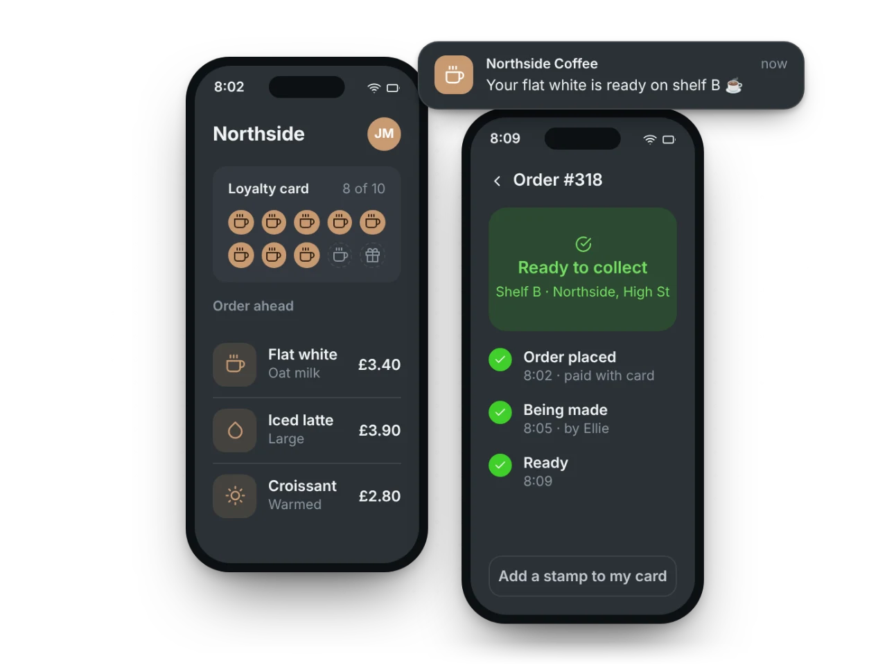 A coffee shop app with a loyalty card, order tracking and a notification