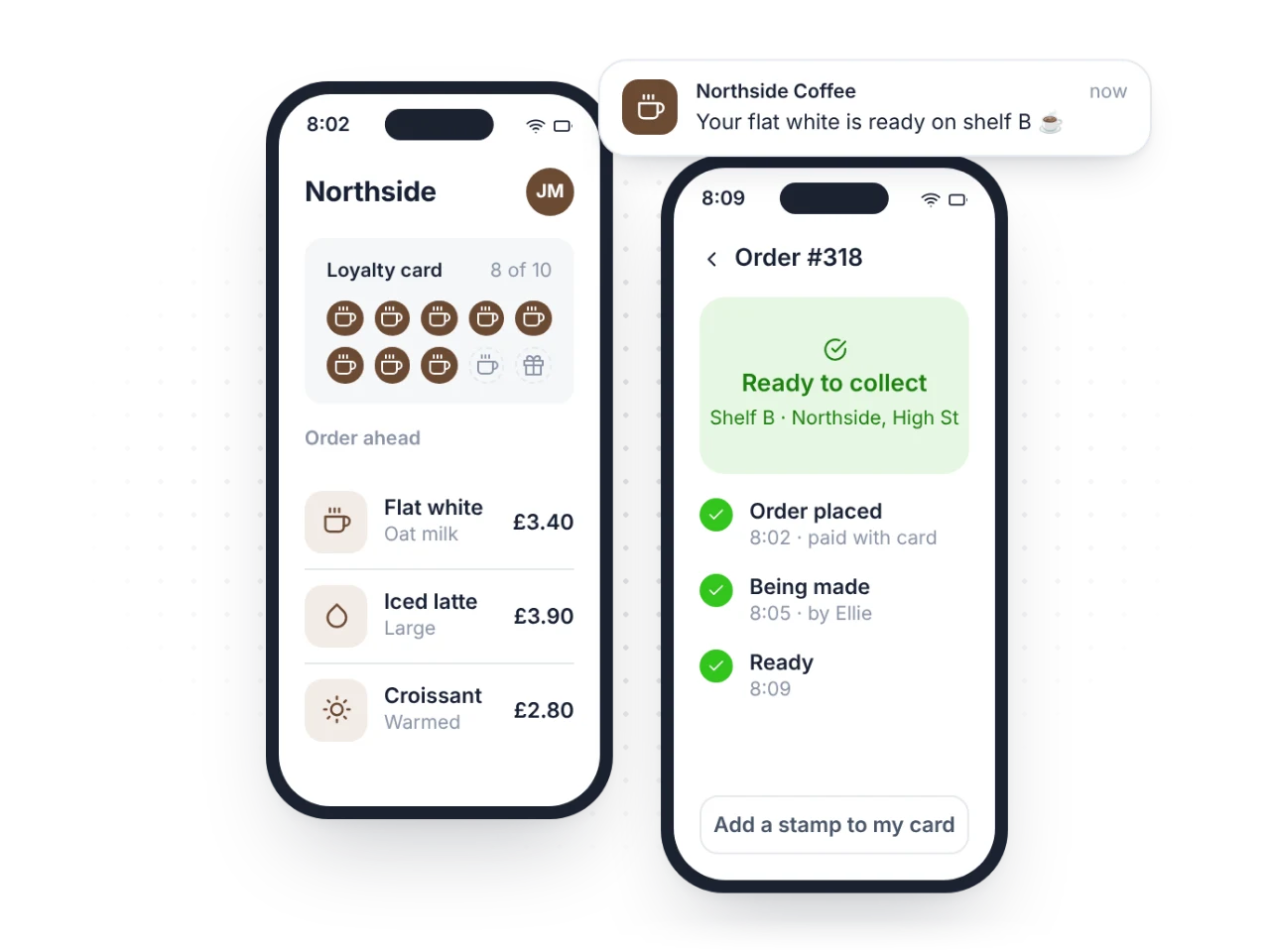 A coffee shop app with a loyalty card, order tracking and a notification