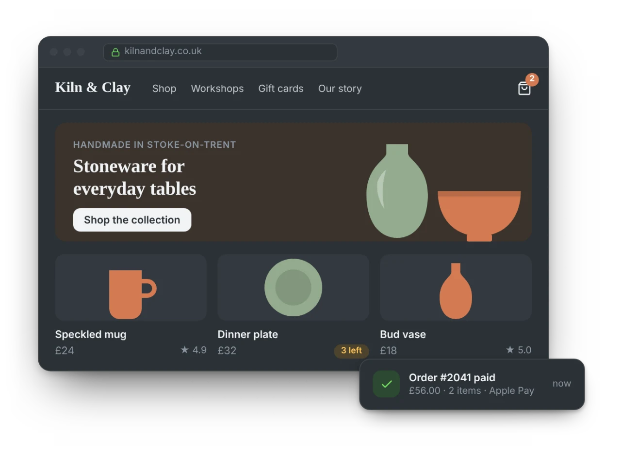 An online shop for handmade pottery, with an order notification