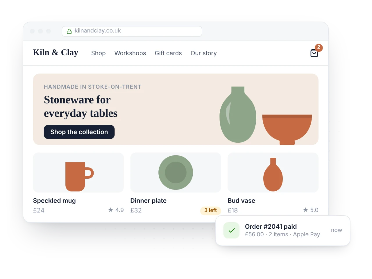 An online shop for handmade pottery, with an order notification