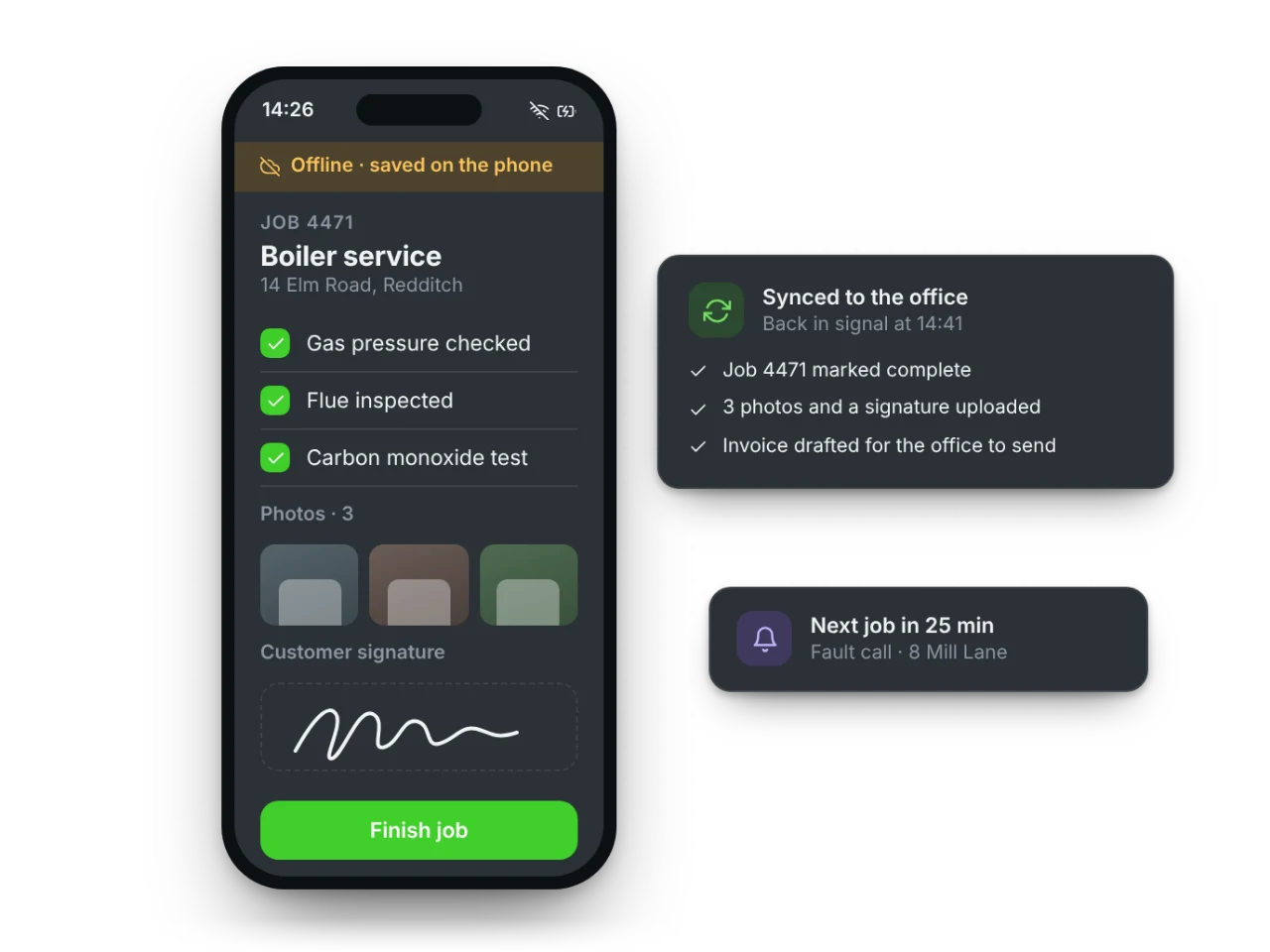 A field engineer's app working offline, then syncing the job to the office