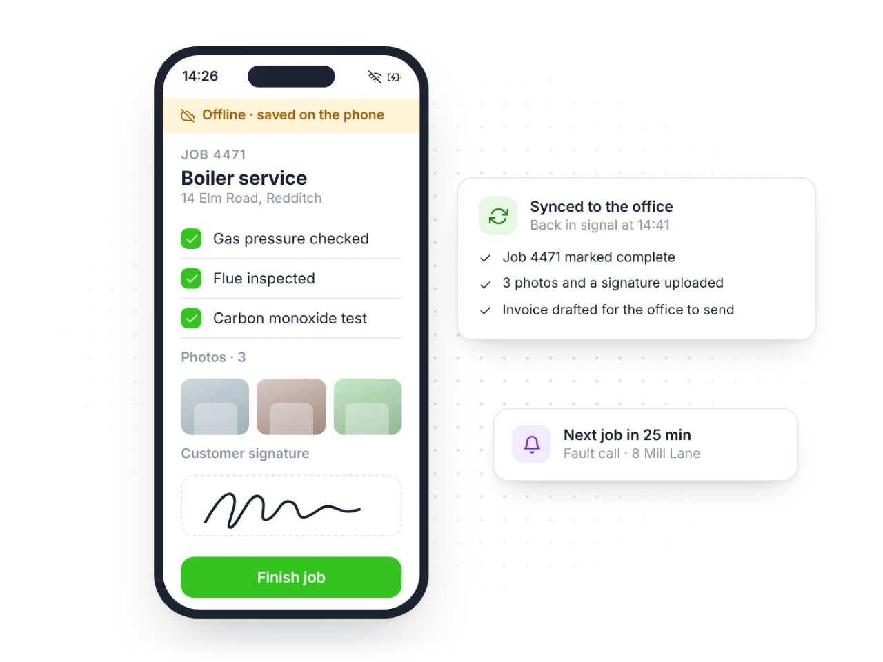 A field engineer's app working offline, then syncing the job to the office