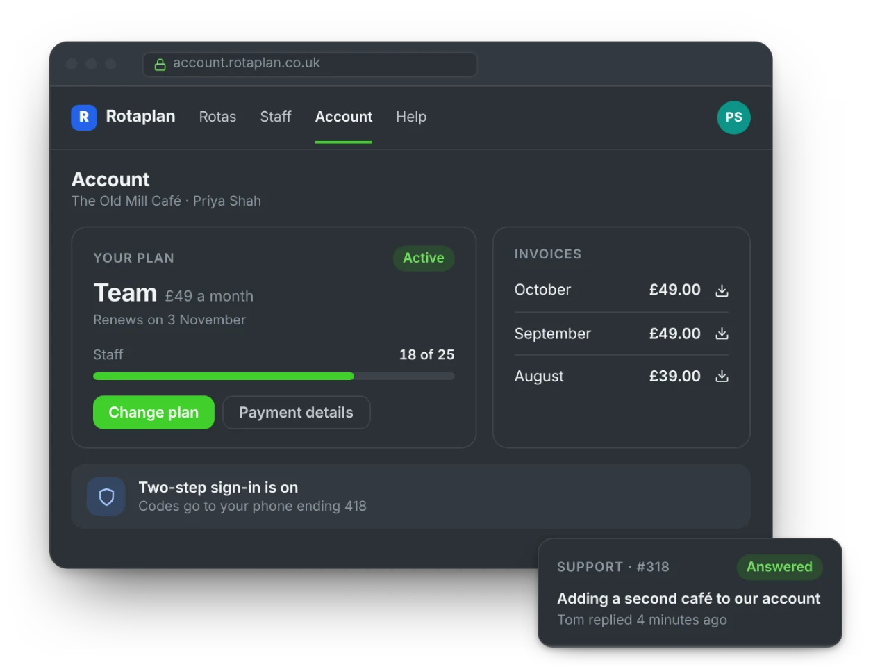 A customer portal showing a subscription plan, invoices and a support ticket