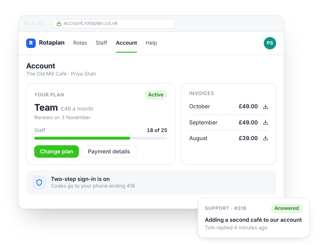 A customer portal showing a subscription plan, invoices and a support ticket