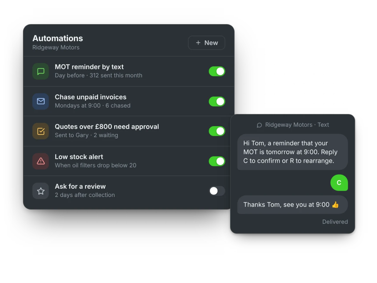 Automations for reminders, invoice chasing and approvals, with a reminder text message