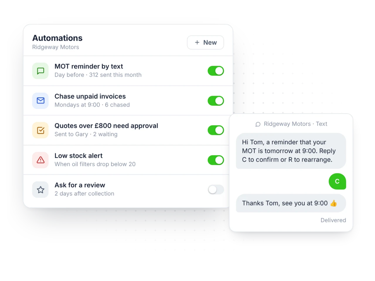Automations for reminders, invoice chasing and approvals, with a reminder text message